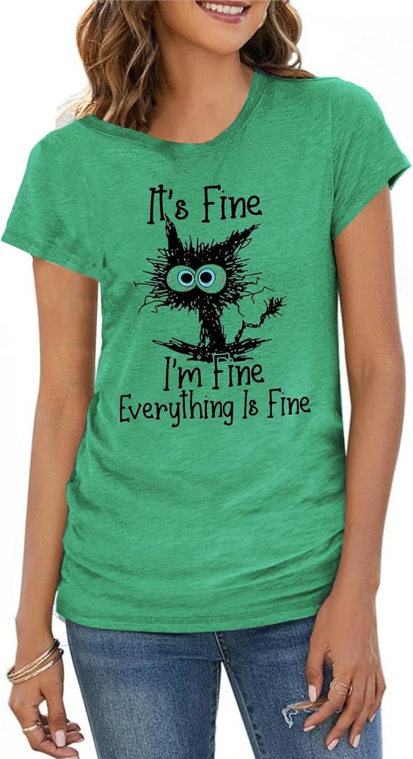 Women's I'm Fine Everything is Fine T-Shirts Short Sleeve Oversized Casual Cute Cat Graphic Tees for Women Blouse Tops (X-Large, Green)