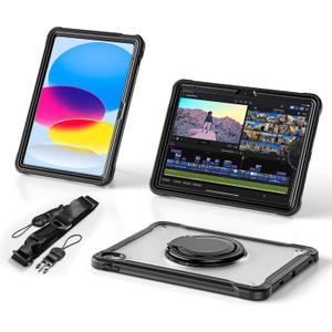 BATYUE Case for iPad (A16) 11th/10th Gen 11''/10.9'' 2025/2022 | Matte Frosted Shockproof Protective Cover with 360 Rotating & 180 Folding Stand, Shoulder Strap & Pencil Holder | Black