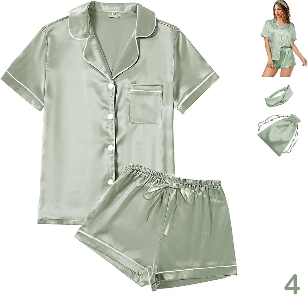 4Pcs Womens Satin Silky Pajama Sets Short Sleeve Shirt XS-4XL Floral Pajamas Set Soft PJ Loungewear Sleepwear (Medium)