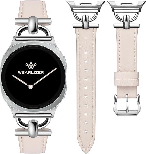Wearlizer Leather Bands Compatible with Samsung Galaxy Watch 8 Band 40mm 44mm/Watch 8 Classic 46mm, Dressy Designer Slim Leather Strap Wristband Accessories with D-Shape Metal Buckle for Women