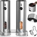 CIRCLE JOY Rechargeable Electric Salt and Pepper Grinder Set with Base, Automatic Stainless Steel Pepper Mill Grinders with 110ml Container, Adjustable Coarseness and White LED Light, Silver