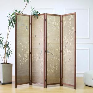 4 Panel Bamboo Room Divider for Room Separation, 5.6 ft Tall Double-Sided Folding Privacy Screen with Premium Thickened Wood Frame, White Plum and Birds (67" H x 63" W)