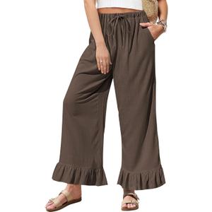 TARSE Womens Linen Casual Pants Flared Leg Wide Leg Drawstring Ruffle Harem Palazzo Pants with Pockets (Brown, XL)