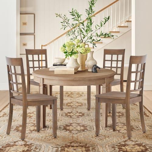 COLAMY Wooden Dining Chairs Set of 4, Nine-Square High Back Kitchen Side Chair, Farmhouse Dining Chairs for Kitchen and Dining Room, Light Brown