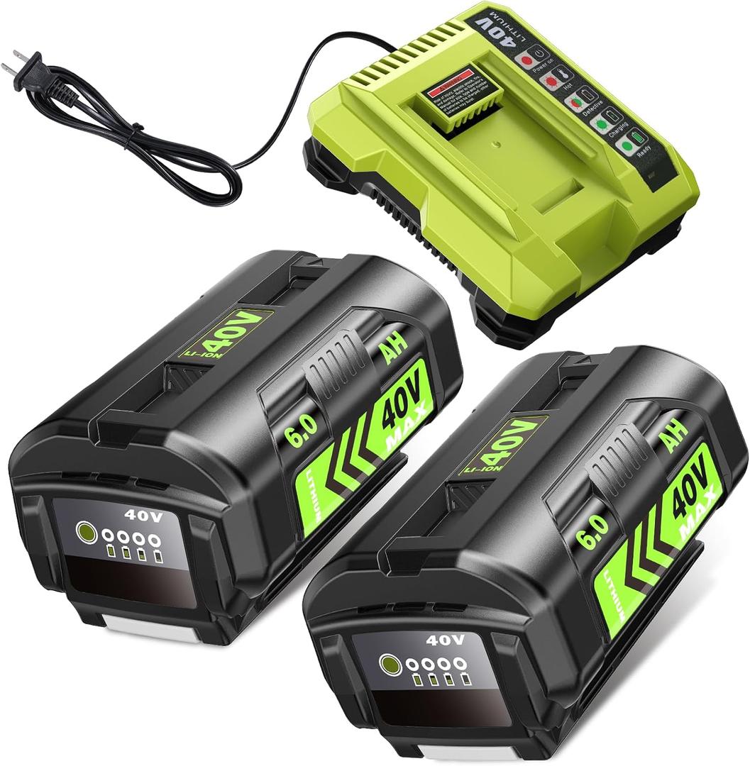 6.0Ah Battery Replace for Ryobi 40V Battery Compatible with Ryobi 40 Volt OP4026A OP4015 OP4040 OP40201 OP4050A OP40261 OP4030 OP4060 Power Tools (2Pack) (2PACK+Charger)
