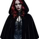 L'VOW Women's Black Cloak with Hood Medieval Velvet Hooded Cape Renaissance Short Christmas Cape