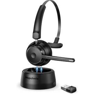 Mopchnic Bluetooth Headset, Wireless Headset with AI Noise-Canceling Microphone, On Ear Wireless Headset with USB Dongle for Work from Home Computer Office