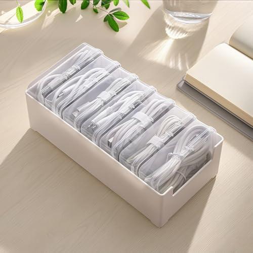 RayHenry Cable Organizer Box with Only 6Clear Switch Case, Desktop Charger Cord Storage Organizer Box for Home Office Desk Accessories Wire Organization Stationery Supplies (white)