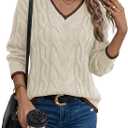 LaGracia Women's Oversized Cable Knit V Neck Sweaters Trendy Color Block Sweater Pullover 2026 (L)