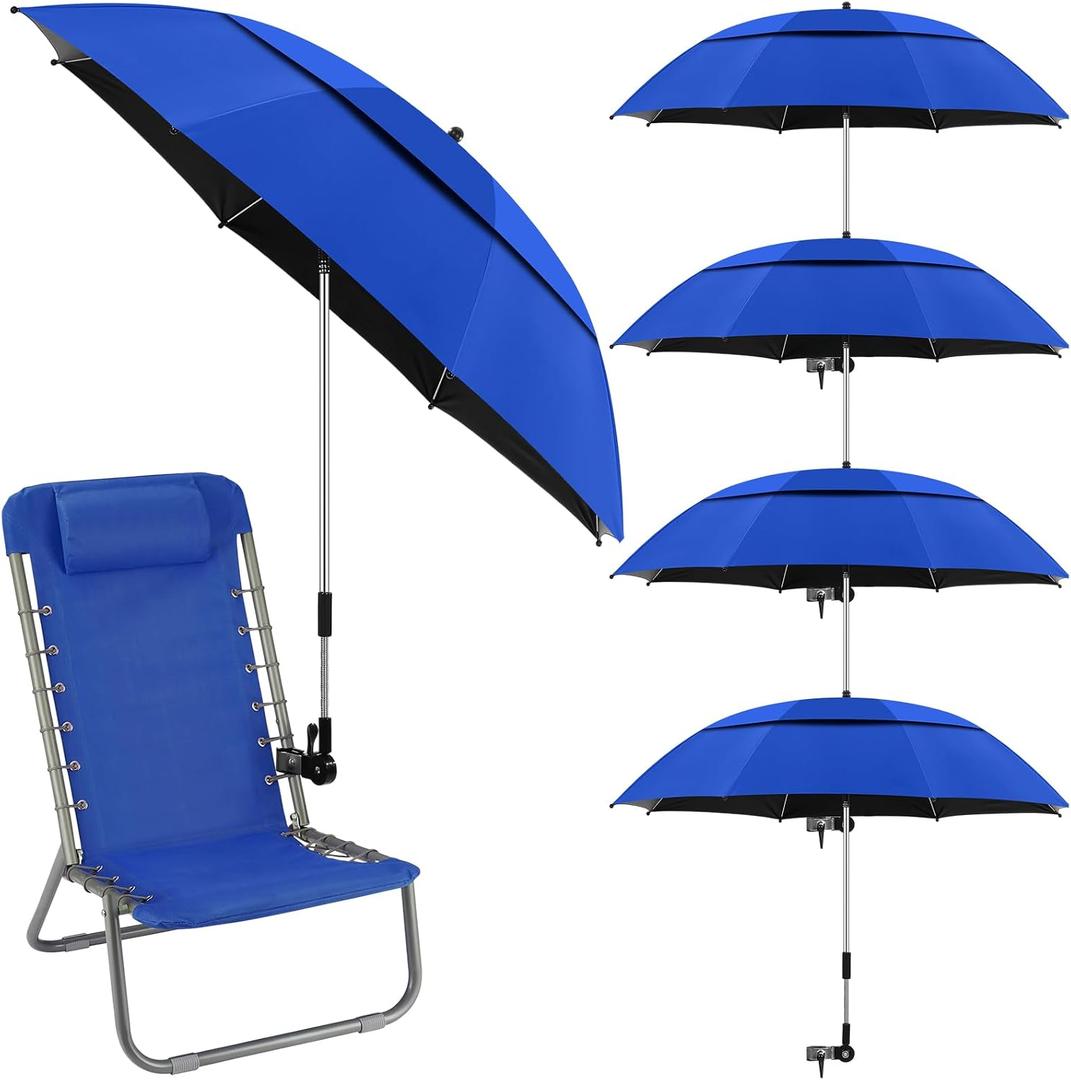 4 Pcs 48.5 Inch Beach Umbrella with Clamp 360 Adjustable Umbrellas for Chair UPF50+ UV Protection Double Canopy Beach Chair Umbrella with Clip for Outdoor Wheelchair, Golf Carts, Camping