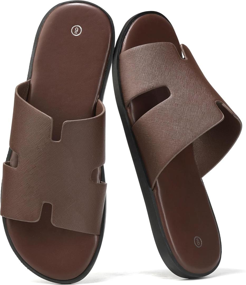 Summer Men Sandals for Leather, Comfortable Flats with Memory Foam Insole, Rubber Outsole Non-Slip Casual Fashion Slides (10, Coffee)
