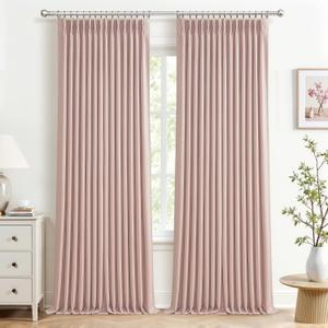 Elegant Blush Pink High Blackout High Ceiling Curtains 102 Inches Long for Sliding Glass Doors, Memory Trained Pinch Pleat Dual Layer Thick Linen Thermal Sound Dampening Modern Window Drapes 2 Panels
