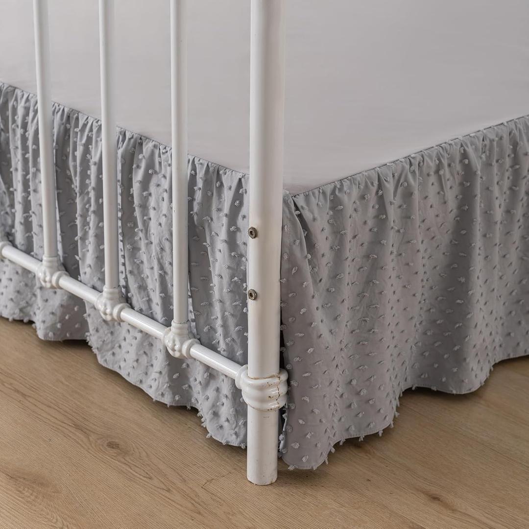 Tufted Dot Bed Skirt King Size Ruffled Bed Skirt with Split Corners, 14 Inch Drop Dust Ruffle Bed Skirts with Platform, Light Grey