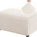 PrinceDeco Stretch Ottoman Cover Slipcovers Rectangle for Living Room Foot Stool Covers to Fit Ottoman Foot Rest, Thick Checked Jacquard Fabric with Elastic Bottom (Oversized Ottoman, Ivory) (X-Large)