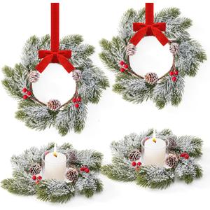 4 Pcs Small Mini Christmas Wreaths for Kitchen Cabinets, Frosted Cedar Christmas Candle Rings Wreath for Pillars Kitchen Cabinet Windows, Centerpieces Table Decorations