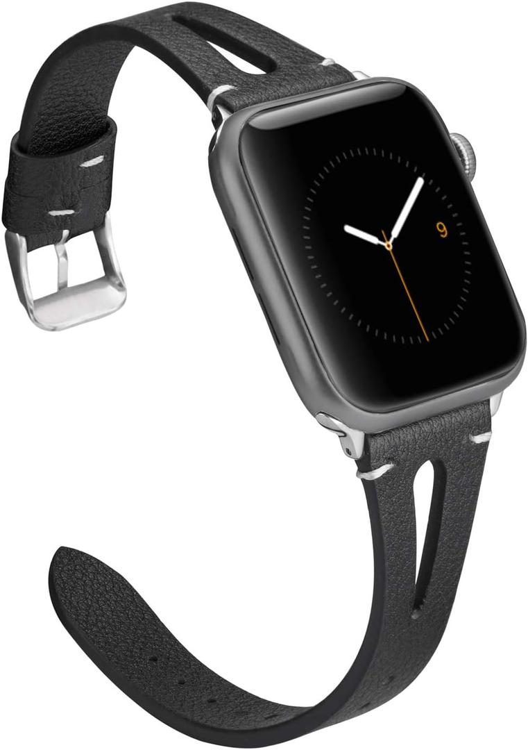 Wearlizer Black Leather Compatible with Apple Watch Bands 38/40/41/42mm for iWatch SE Womens Mens Special Straps Triangle Hole Wristband Bracelet for iWatch Series 11 10 9 8 7 6 5 4 3 SE/Ultra 3