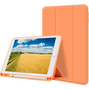 kenke Case for iPad 9th/8th/7th Generation 10.2 inch, Slim Lightweight Trifold Stand Smart Case with Pencil Holder, Auto Sleep/Wake Soft TPU Back Cover for iPad 10.2 2021/2020/2019, Orange