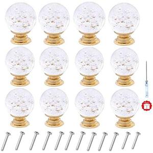 ANJUU 12pcs 30mm Cabinet Knobs with Screws Round Bubble Glass Vanity Knob Pulls for Kitchen Vanity Door, Bathroom, Cabinet, Office (Gold B Clear)