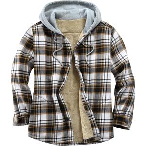 Men's Cotton Plaid Shirts Jacket Fleece Lined Flannel Shirts Sherpa Button Down Jackets with Hood for Men (Black Line White Khaki)