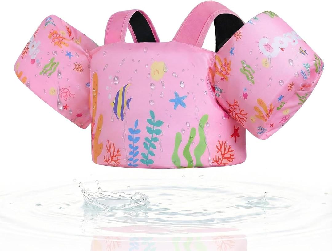 Gogokids Toddler Swim Vest for Kids 24-66 lbs, Swimming Pool Floats Vest[CPC Certified & Adjustable Fit] Toddler Arm Floaties Swim Jacket Water Wings for Beach Puddle Pool Jumper Boys Girls 1-6 Years (Pink Seaweed)