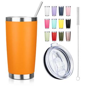 ATIKZHE 20oz Tumbler with Straw and Brush, Stainless Steel Vacuum Insulated tumbler, Double Wall Insulated Coffee Tumbler for Outdoor, Home, Travel,Office (Orange,1pcs)
