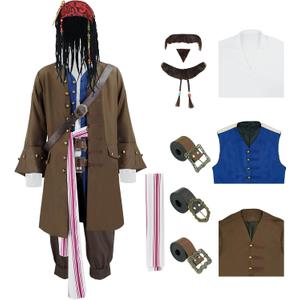 Men Pirate Costume Jack Sparrow Coat Vest Sash Pants Belt Goatee Beads Halloween Renaissance Party Outfit Brown (Medium)