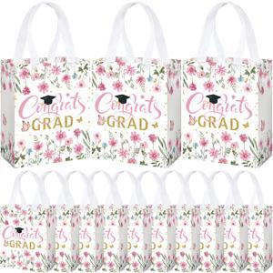Supervitae 24 Pack Pink Graduation Floral Gift Bags Medium Congrats Grad Wildflower Party Favor Bags Reusable Totes Non Woven Goodie Totes for High Graduation Grad Family Travel(9.8" x 7.9" x 3.9")