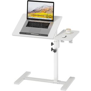 Laptop Desk Bedside Table with Wheels Laptop Stand for Couch Adjustable Tv Tray C End Table, Mobile Sofa Snack Table with Tiltable Top, White