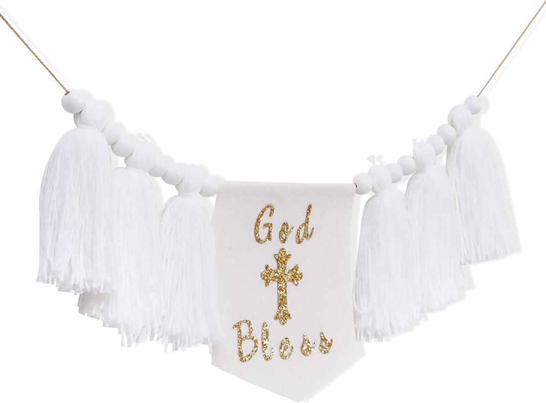 Cross Tassel Highchair Banner - Easter Christening Celebration Decorations, God Bless White Wood Bead Garland, Blessing Christening Photo Props, First Communion Party Supplies(God Bless Tassel)