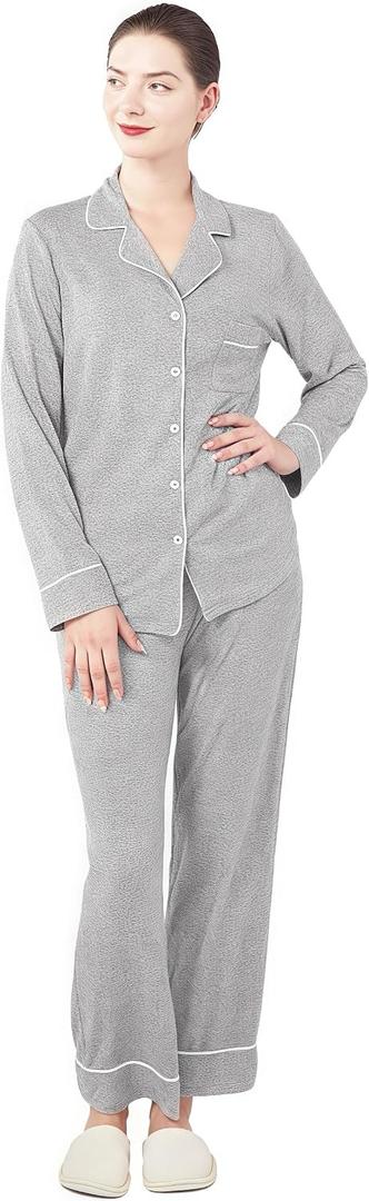 Women's Pajama Set Long Sleeve Button Down Fashion ladies Sleepwear soft Pjs knitted Loungewear Set (Medium, Light-Gray) (Gray, M)