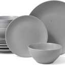 Famiware Moon Dinnerware Sets for 4, 12 Pieces Stoneware Plates and Bowls Sets with Speckled Design, Matte Dish Set, Microwave and Dishwasher Safe, Light Gray