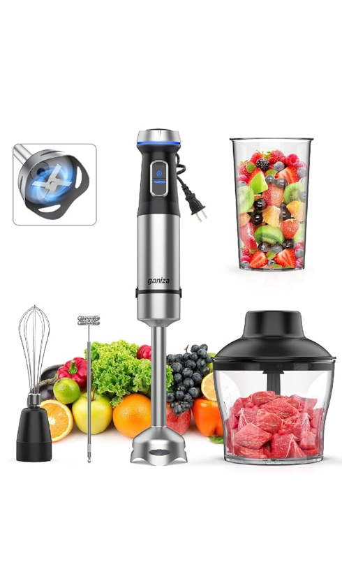 Ganiza Immersion Blender, 5 in 1, Corded Hand Blender Stainless Steel Blade, 16 Speed Immersion Blender Handheld with 800ml Mixing Beaker, 600ml Chopper, Whisk, Frother, Potato Masher