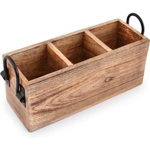 Samhita Mango Wood Cutlery Holder Caddy Organizer Wooden Utensil Storage Organizer Countertop for Silverware Fork Spoon Spatula 3 compartments (11" x 4" x 4.5")
