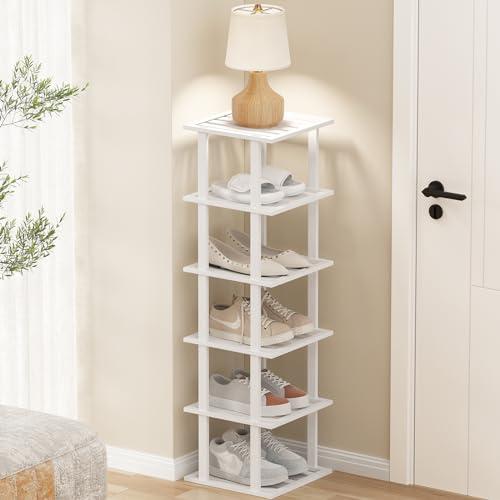White Bamboo Shoe Rack for Small Spaces 6 Tier Tall Vertical Narrow Rack for Closet Stackable Shoe Holder, Stand for Entryway Storage Shoe Organizer Slim Shoe Shelf