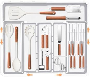 Homecor Utensil Drawer Organizer, Large Expandable Silverware Organizer for Kitchen Drawer, Cooking Utensils Tray Cutlery Flatware Holder with Removable Knife Blocks, Kitchen Gadgets Storage
