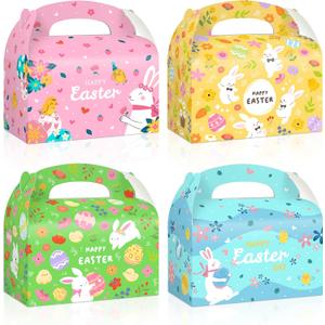 Reyoust 24Pcs Happy Easter Goodie Gable Paper Gift Boxes with Handles 4 Styles Bunny Gable Box Colorful Easter Egg Party Favor Treat Boxes Pink Yellow Green Blue Spring Holiday Party Decorations