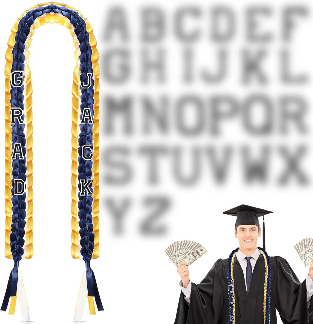 Hicarer 69" Graduation Ribbon Lei Class of 2026 with 26 Pcs Embroidery Letters Patches Money Leis Handmade Braided Necklace for Graduation 2026 with Tassel for High School College Graduate Party Gifts