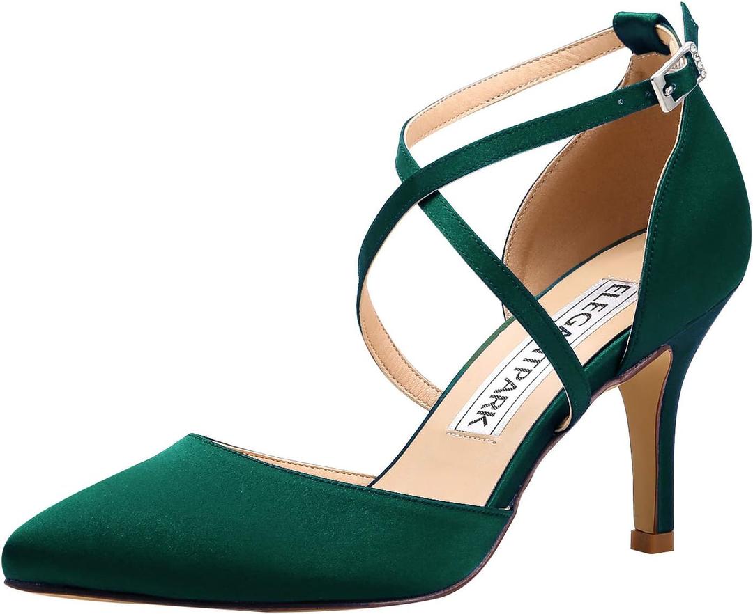 ELEGANTPARK Heels for Women Closed Toe Strappy Pointed High Heel Pumps Satin Pointy Wedding Evening Dress Shoes (6, Dark Green)