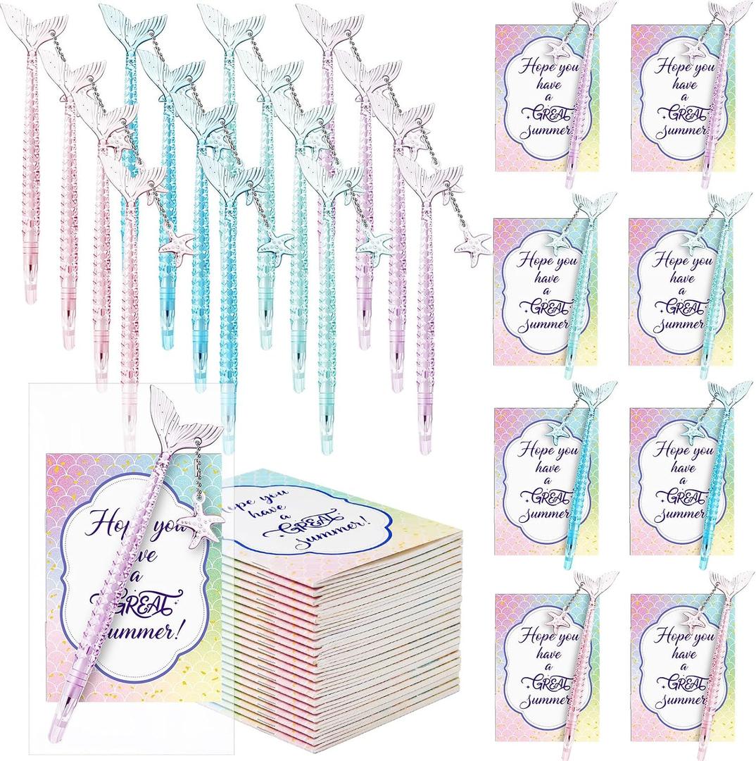 Gueevin 24 Set End of School Year Student Gifts Bulk for Kids Including 24 Pcs 4 Colors Mermaid Ballpoint Pens and 24 Notepads from Teacher Gift Classroom