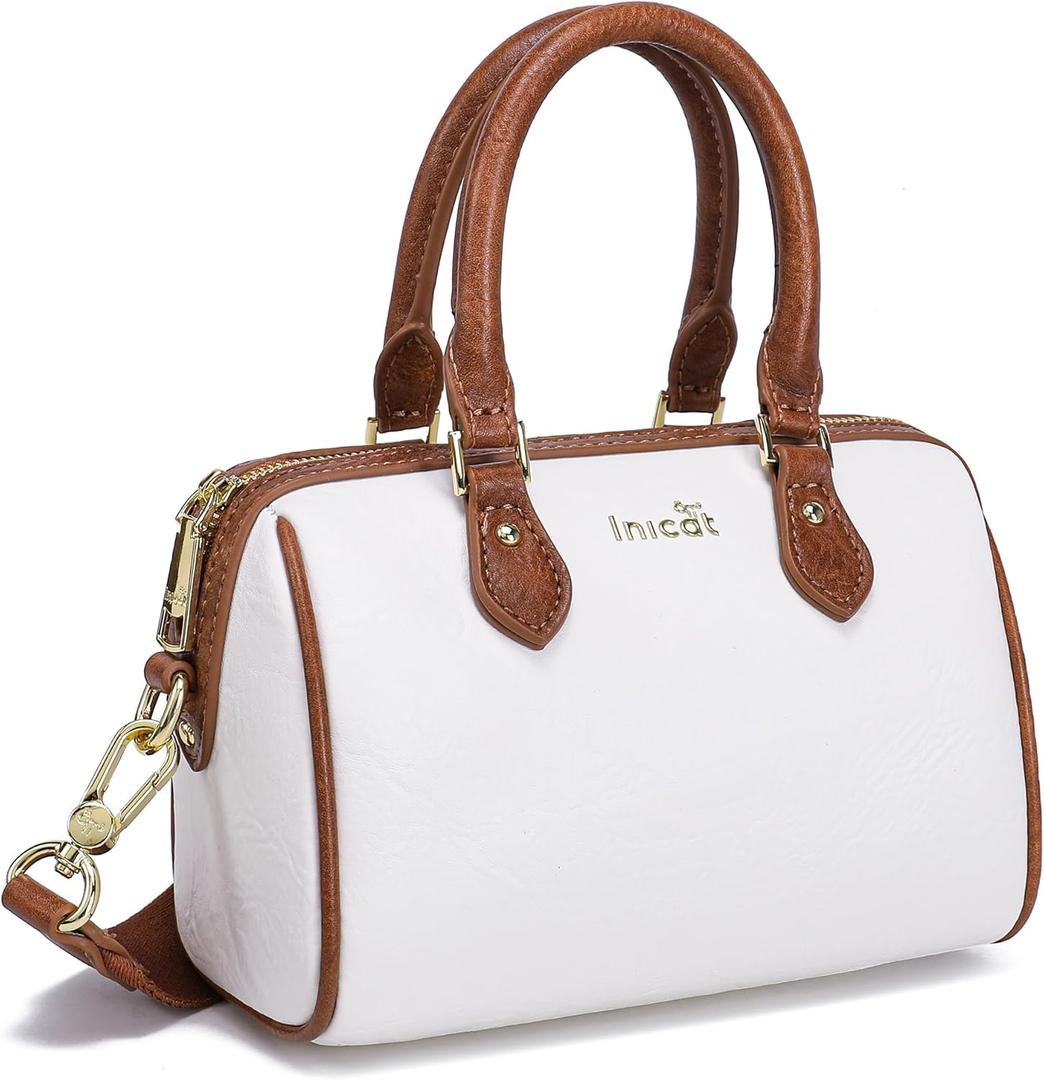 INICAT Barrel Bag for Women Top Handle Satchel Shoulder Boston Bags Crossbody Purse Handbag with Detachable Long Strap (Mini, White Brown)