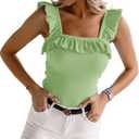Womens Cute Sleeveless Tank Tops Ruffle Strap Square Neck Blouse Solid Color Knitted Camisole, Small