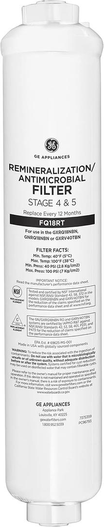 GE Reverse Osmosis Under Sink Remineralization & Replacement Filter, Fits GE GXRV40TBN, GXRQ18NBN, GNRQ18NBN Filtration Systems, Replace Every 12 Months, FQ18RT
