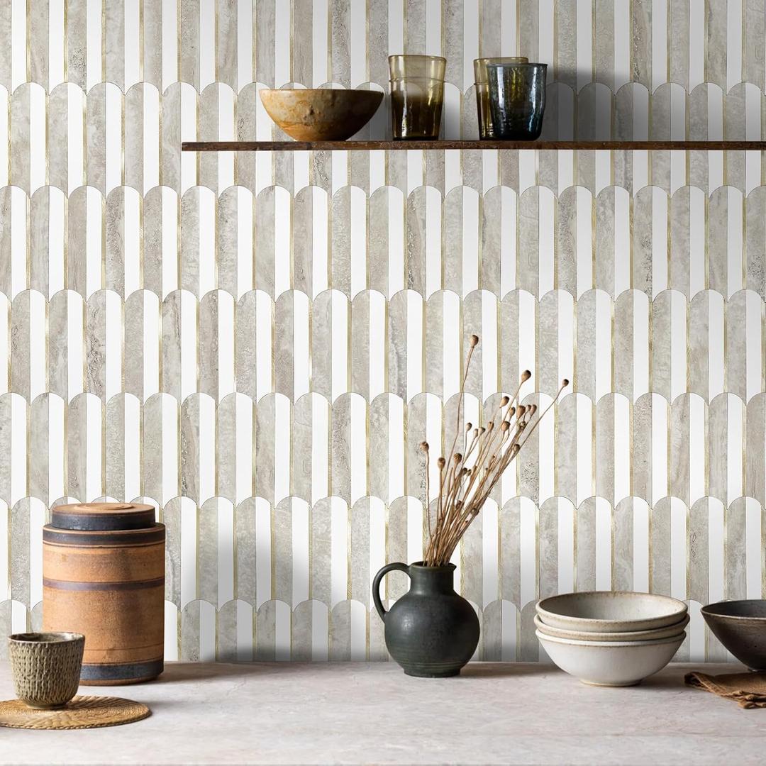 Vamos Peel and Stick Backsplash Seamless Tile for Kitchen and Bathroom, White and Beige Slate PVC Mixed Light Gold Self Adhesive Fish Scale Metal Mosaic Tiles (10 Sheets)