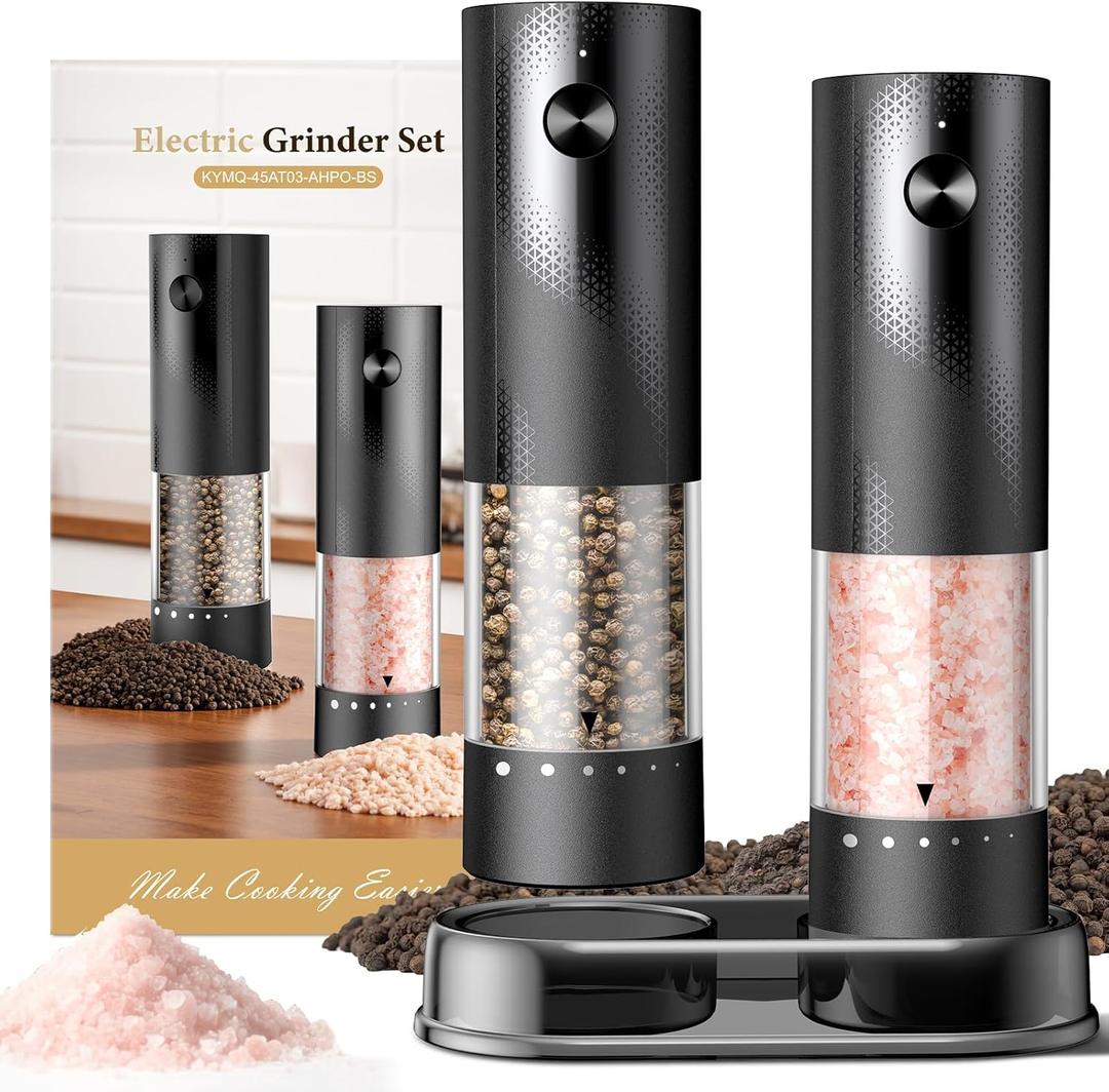 Electric Salt and Pepper Grinder Set - Rechargeable Automatic Salt and Pepper Shakers, Kitchen Appliances with External Adjustable Coarseness, Larger Hopper for Cooking, Home Gifts (2 Pack, Black/Black)