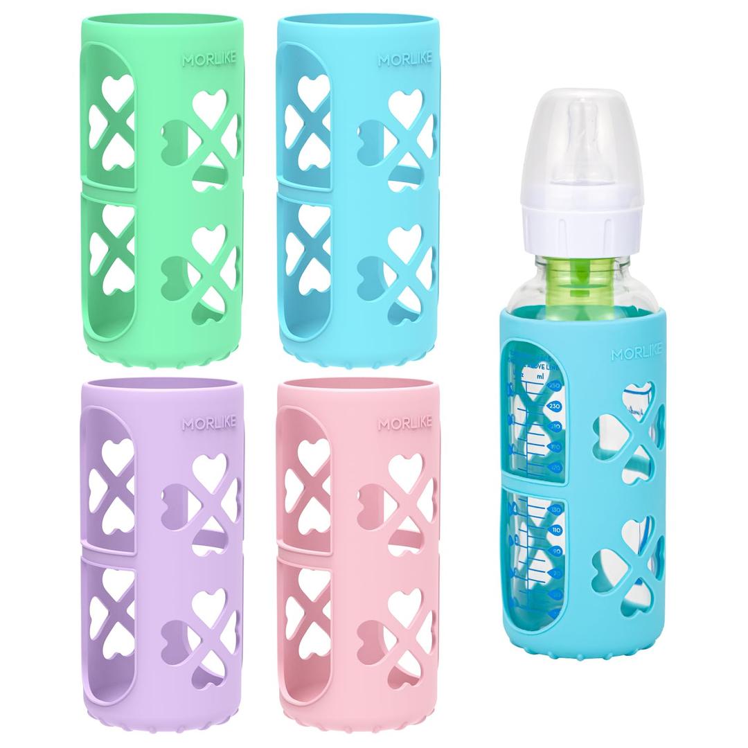 MORLIKE 4 Pack Silicone Sleeves Fit for 8 oz/250 mL Dr. Brown's Natural Narrow Glass Baby Bottle, 100% Silicone Covers Protect Glass Bottle, Easy to Grip Baby Bottle Holders for SB81003-P4, SB82023-P2