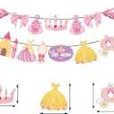 4PCS Princess Happy Birthday Banners  Pink & Gold Fairy Tale Decorations with Castles, Dresses, Crowns & Carriages for Birthday Party