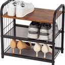 3-Tier Shoe Rack with Guardrails, Heavy-Duty Metal Mesh Shelves & Rustic Wooden Top - Space-Saving Organizer for Closet, Entryway, and Hallway (Holds 1-2 Pairs/Shelf) (Rustic Brown + Black)