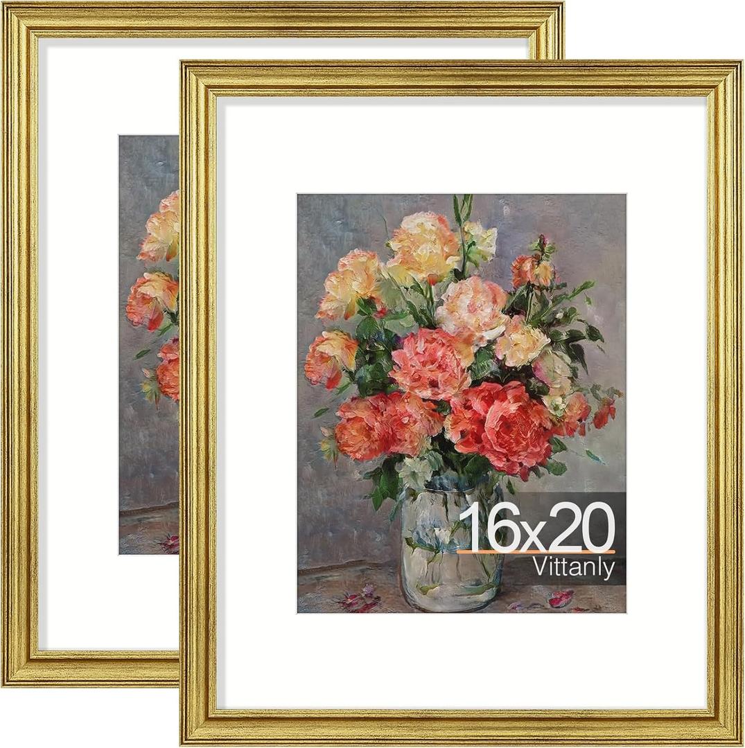 Vittanly 16x20 Picture Frames Set of 2, Ornate Vintage Photo Frame for Wall Mount, Display 11x14 Pictures with Mat or 16x20 without Mat, Rustic Gold