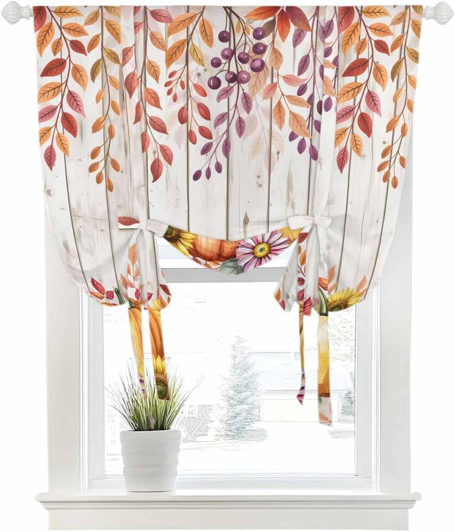 Thanksgiving Fall Maple Leaves Blackout Tie Up Curtains for Windows, Farm Country Pumpkins Daisy Rod Pocket Shade Valances, Adjustable Roll Up Balloon Curtain for Bedroom,Bathroom 1 Panel 34x45 Inch