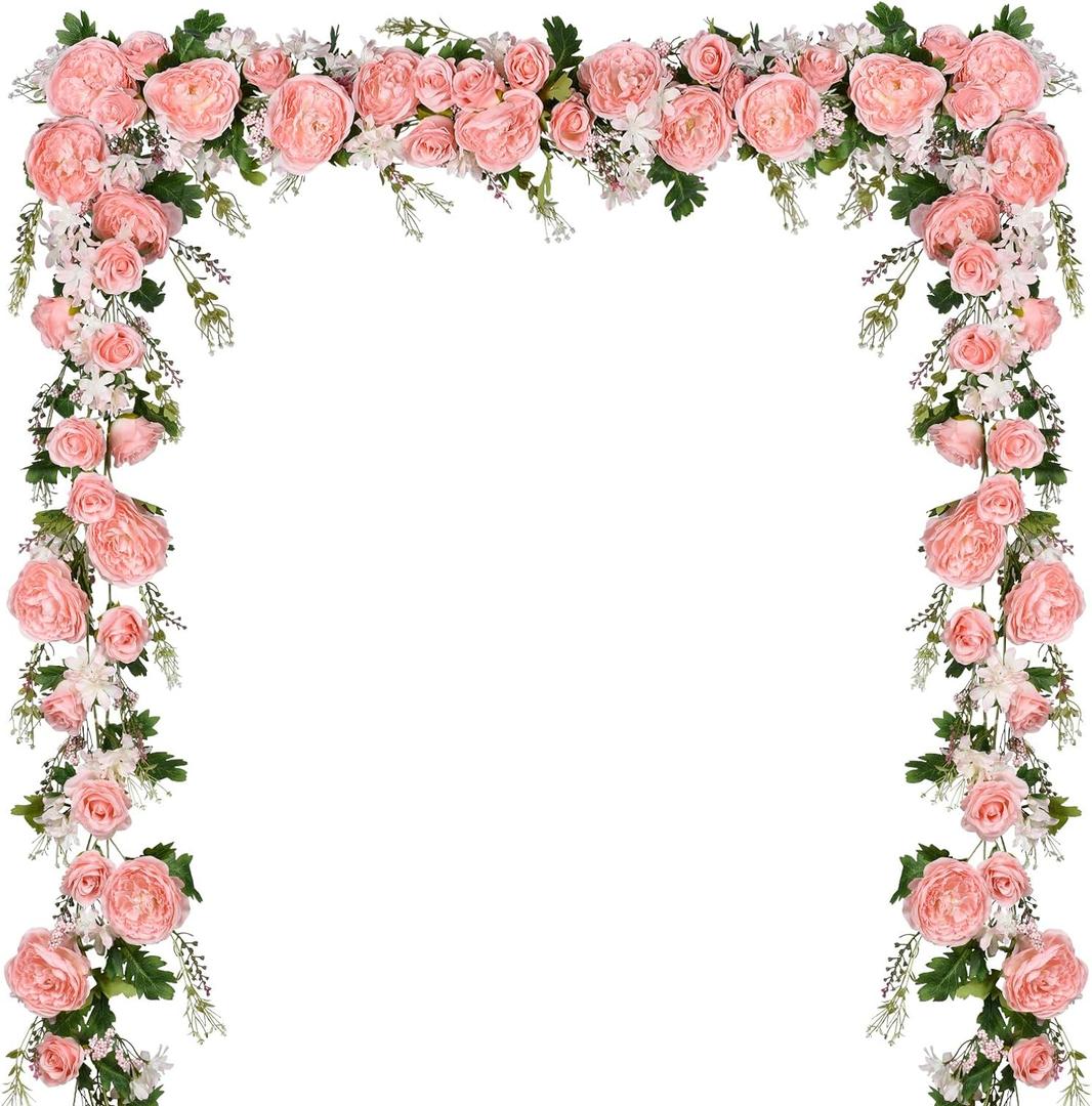 2 Pack Artificial Peony Garland Flowers, 12ft Floral Greenery Garland Rose Flower Vine with Pink Peony and Green Leaves for Wedding Dining Table Home Party Decor (2, Pink)